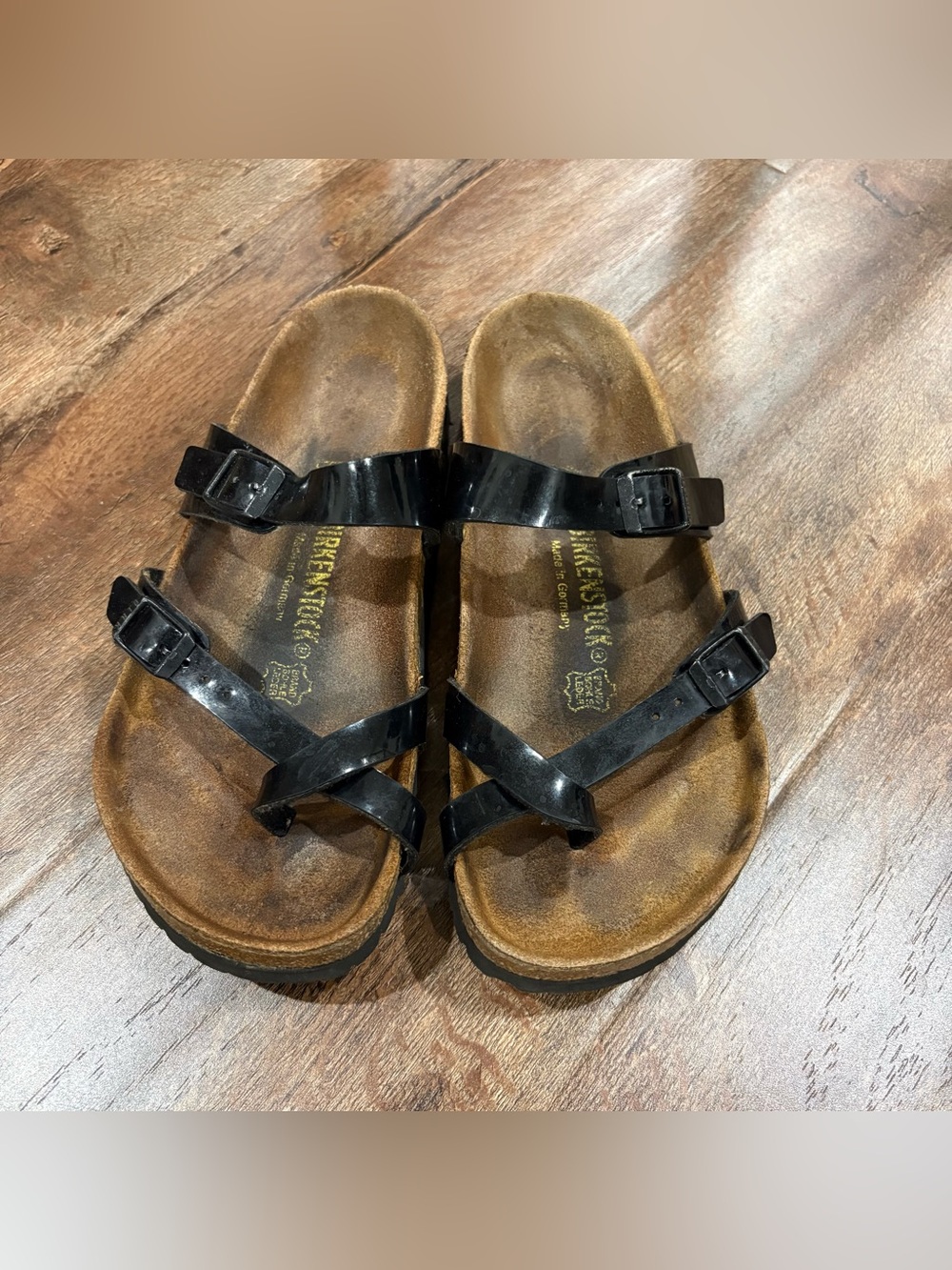 Birkenstock Mayari Black Patent Birko Flor Sandals Womens 38 US 7-7.5‎